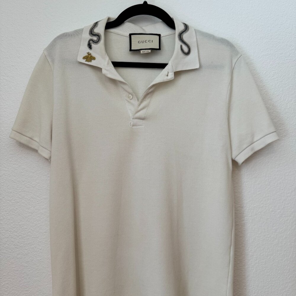 Gucci Ivory Cotton Polo w/ Snake & Bee Embroidered Collar | Made in Italy